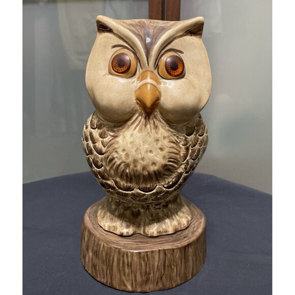 Vintage Owl On Log Pedestal Night Light Lamp 60s 70s Mod Hobby Ceramic 9.5" VTG
